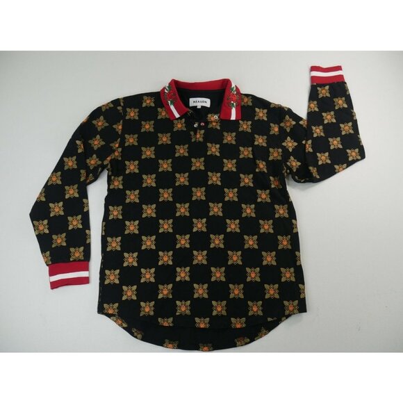 Reason NYC Long Sleeve Black Polo Shirt Facial Floral Pattern Print Mens Large - Picture 2 of 10